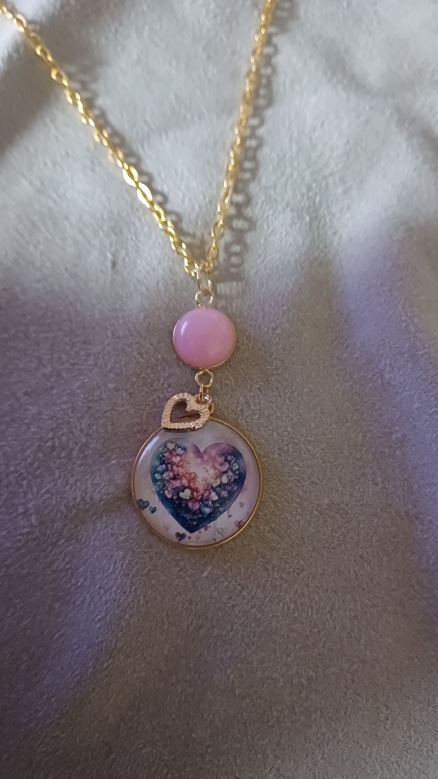 Collier amour doré, coeur et pierre rose