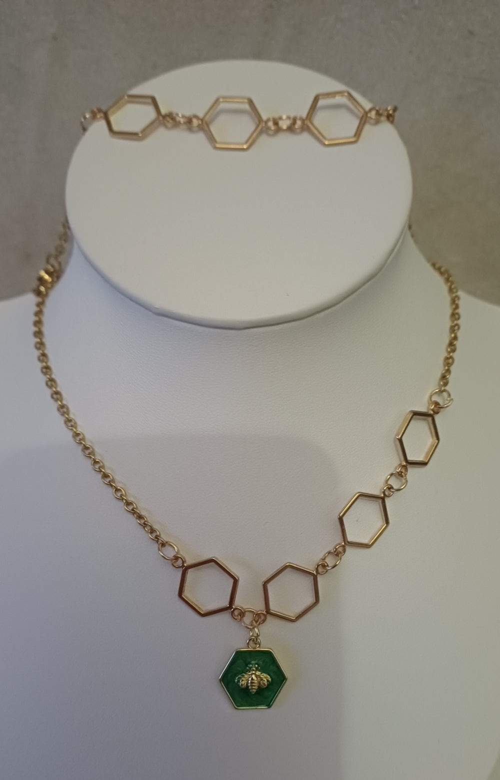 Parure collier et bracelet "nid d abeille" dorée