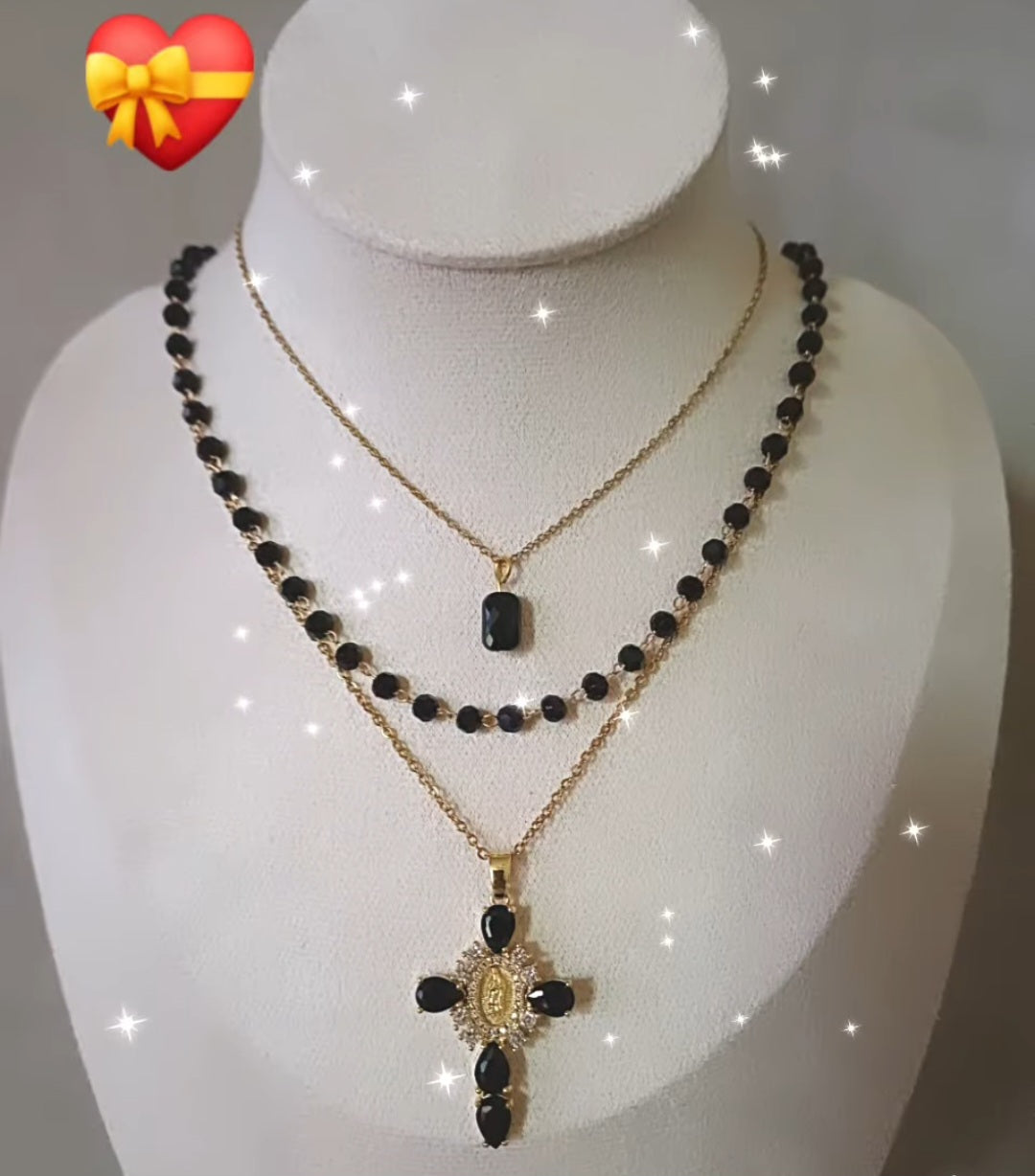 Collier 3 en 1 brillant, perles et grande "croix"noire plaquée 18K