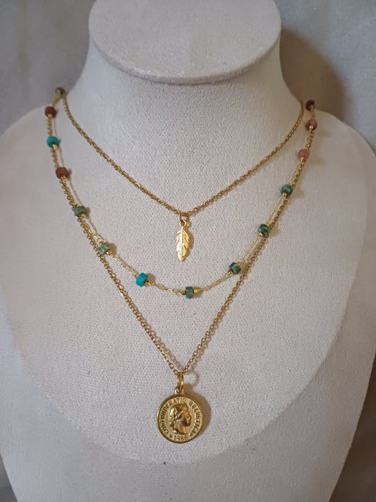 Collier 3 en 1 plume et perles