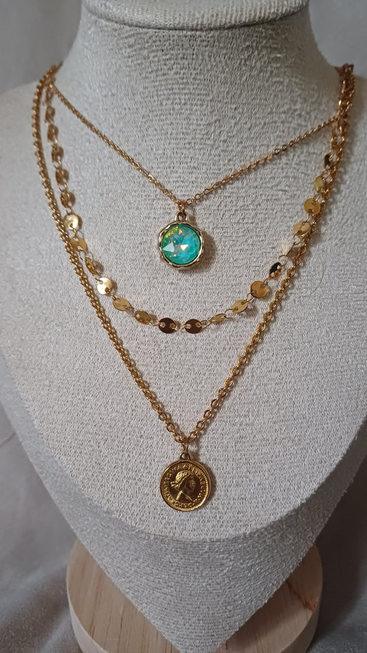 Collier 3 en 1 style vintage doré et vert multi reflet