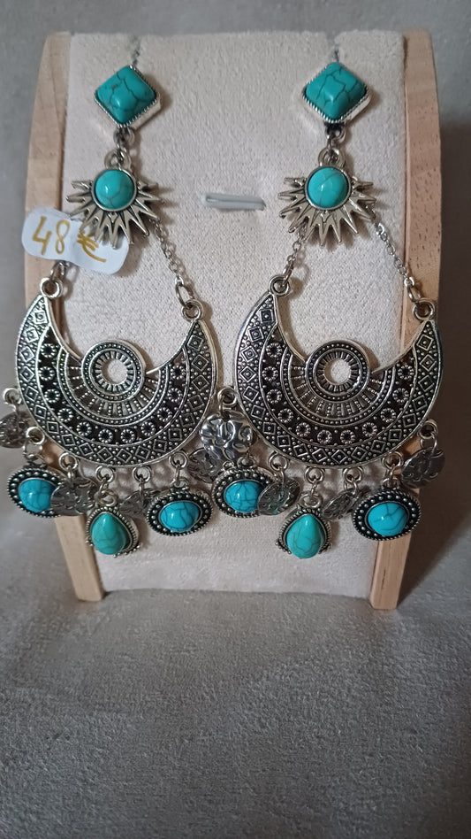 Grosse boucles d' oreilles argent et turquoise style boheme et ethnique chic