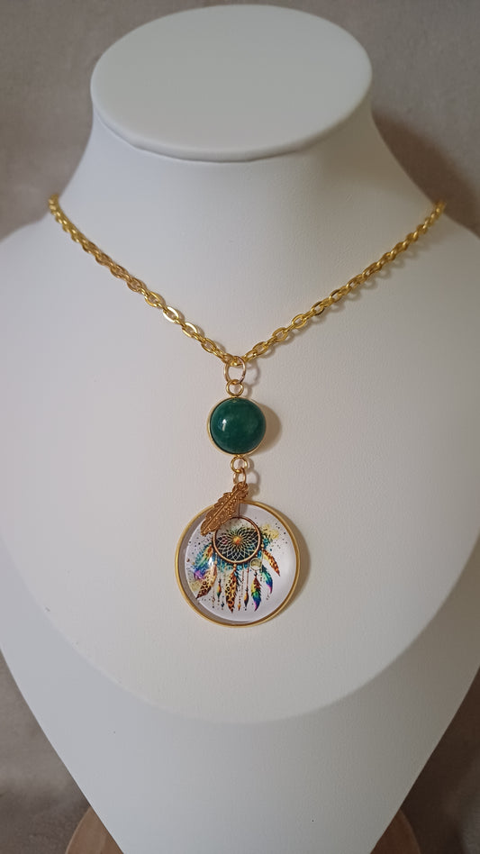 Collier "attrape reve" tons verts et pierre verte