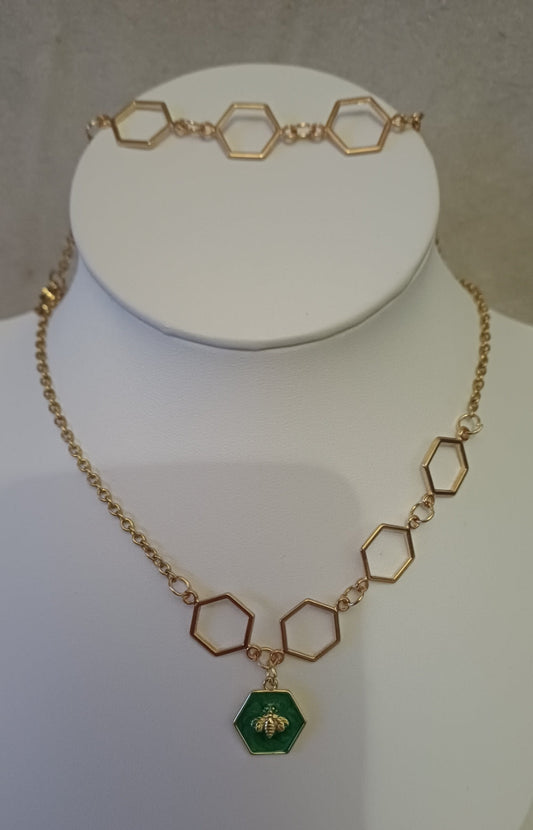 Parure collier et bracelet "nid d abeille" dorée
