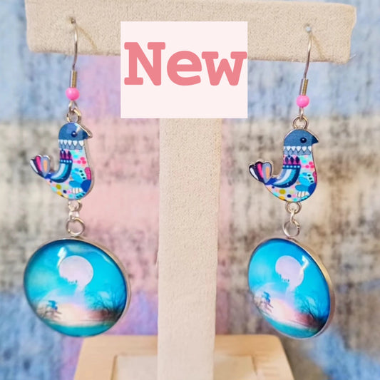 Boucles pendantes cabochons "nature" et pendentif "oiseaux"