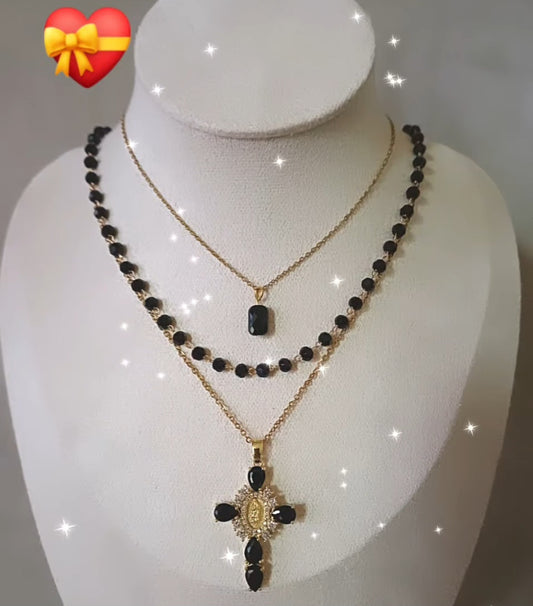 Collier 3 en 1 brillant, perles et grande "croix"noire plaquée 18K